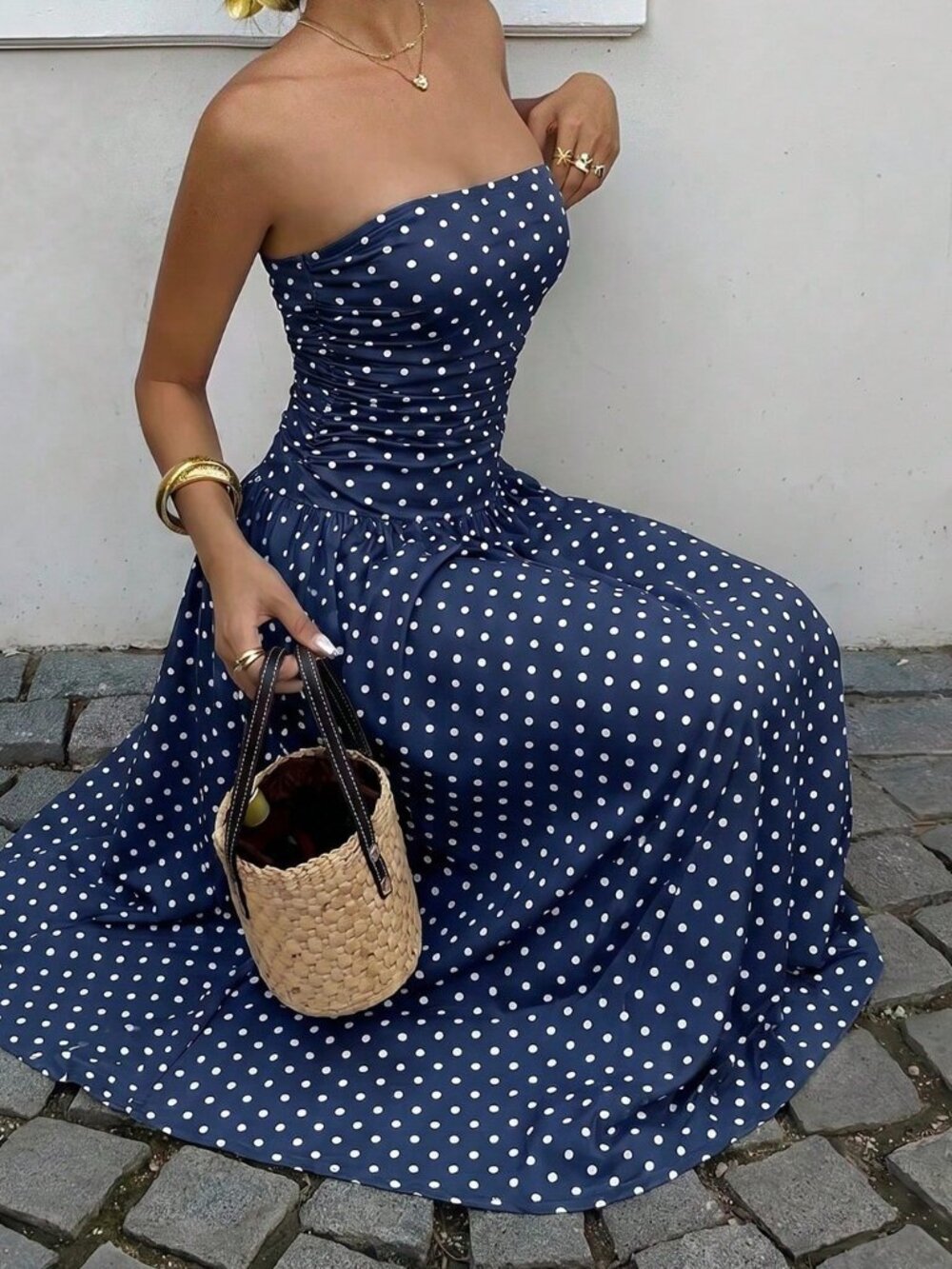 Navy Blue Casual Women's Polka Dot Print Vacation Dress - Picture 4 of 6